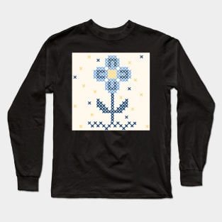 Blues on blues faux cross stitch embroidory floral Long Sleeve T-Shirt